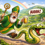 Funny cartoon of Saint Patrick chasing a scared snake through the Irish countryside with a beer and rainbow on St Patrick’s Day