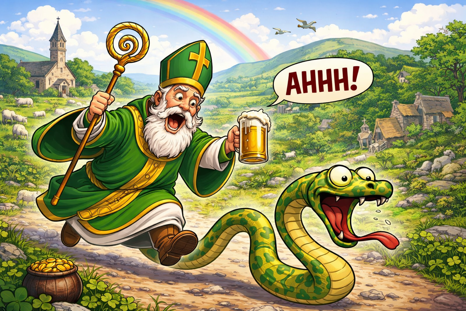 Funny cartoon of Saint Patrick chasing a scared snake through the Irish countryside with a beer and rainbow on St Patrick’s Day
